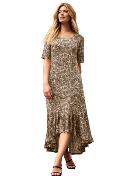 Jessica London Stretch Knit Flounce Hem Maxi Dress In Brown