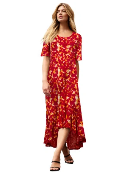 Jessica London Stretch Knit Flounce Hem Maxi Dress In Red
