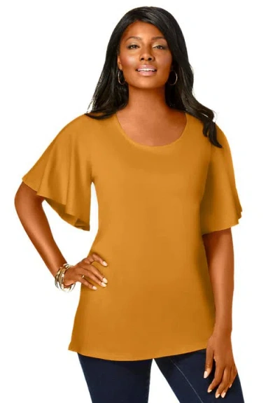 Jessica London Stretch Knit Flutter Sleeve Tunic In Gold