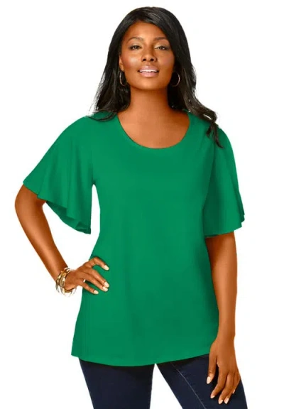 Jessica London Stretch Knit Flutter Sleeve Tunic In Green
