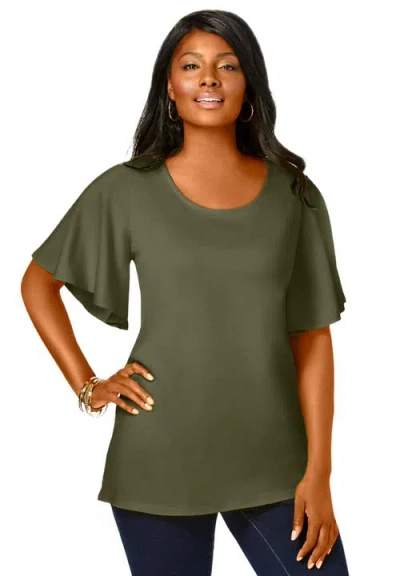 Jessica London Stretch Knit Flutter Sleeve Tunic In Green