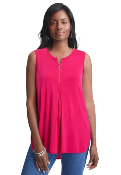 Jessica London Stretch Knit Hi-low Zip Tunic In Pink