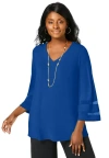 Jessica London Stretch Knit Mesh Inset Sleeve Tunic In Blue