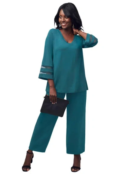 Jessica London Stretch Knit Mesh Inset Sleeve Tunic In Blue