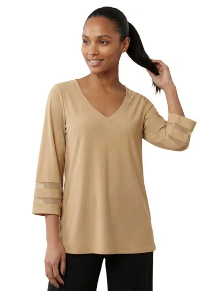 Jessica London Stretch Knit Mesh Inset Sleeve Tunic In Brown