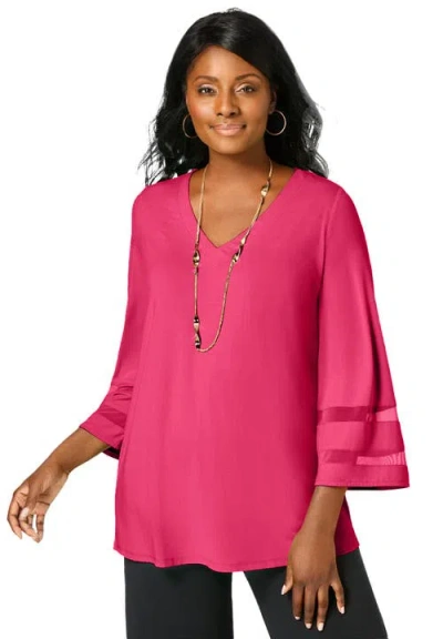 Jessica London Stretch Knit Mesh Inset Sleeve Tunic In Pink