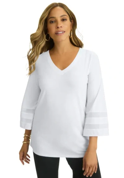 Jessica London Stretch Knit Mesh Inset Sleeve Tunic In White