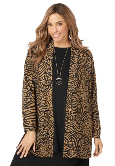 Jessica London Stretch Knit Open Front Knit Topper In Animal Print
