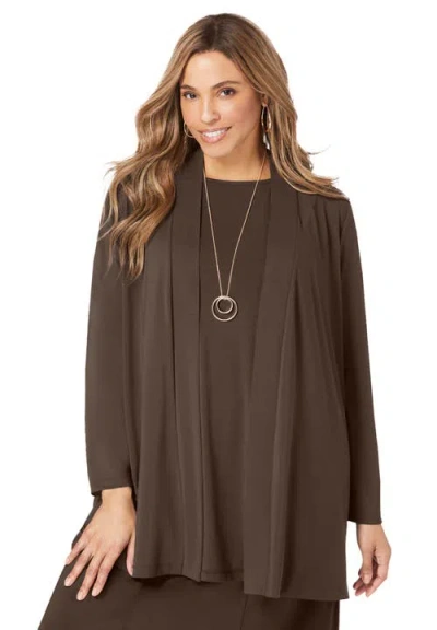 Jessica London Stretch Knit Open Front Knit Topper In Brown