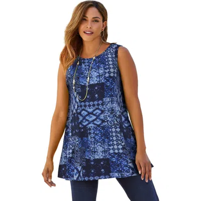 Jessica London Stretch Knit Sleeveless Swing Tunic In Blue
