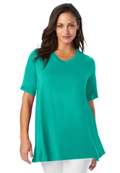 Jessica London Stretch Knit V-neck Swing Tunic In Green