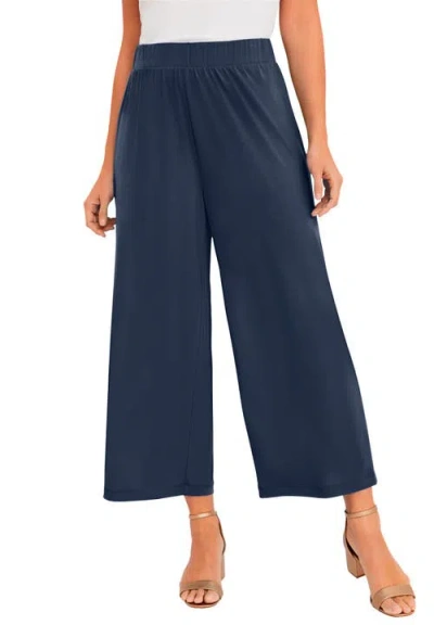 Jessica London Stretch Knit Wide Leg Crop Pant In Blue