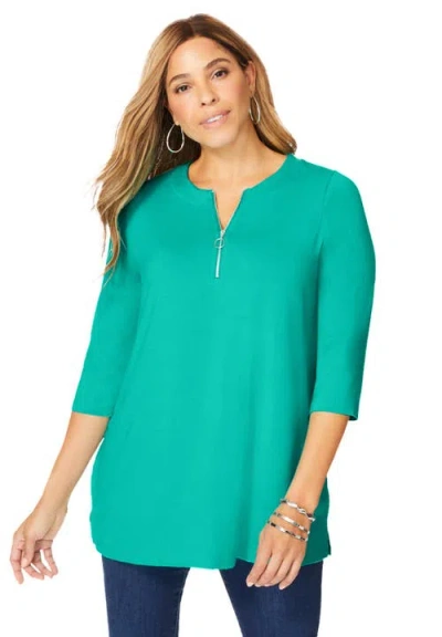 Jessica London Stretch Knit Zip Tunic In Green