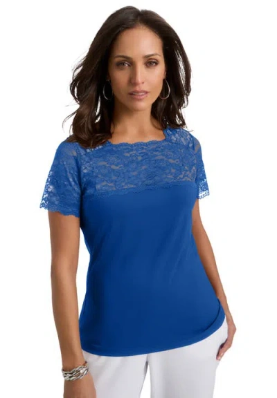 Jessica London Stretch Lace Neckline Top In Blue
