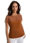 Jessica London Stretch Lace Neckline Top In Brown