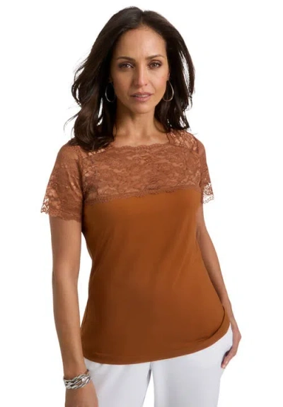 Jessica London Stretch Lace Neckline Top In Brown