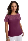 Jessica London Stretch Lace Neckline Top In Purple