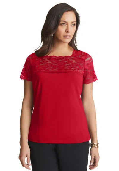 Jessica London Stretch Lace Neckline Top In Red