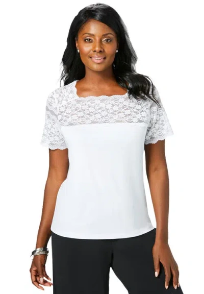 Jessica London Stretch Lace Neckline Top In White