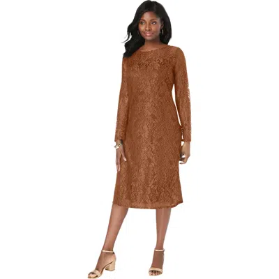 Jessica London Stretch Lace Shift Dress In Brown