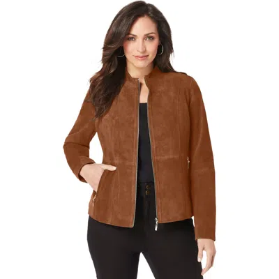Jessica London Suede Zip-front Jacket In Brown
