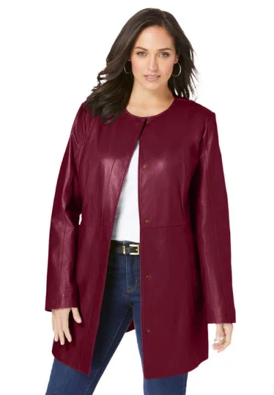 Jessica London Three-quarter Leather Jacket In Burgundy