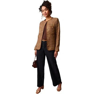 Jessica London Tweed Jacket With Leather Trim In Brown