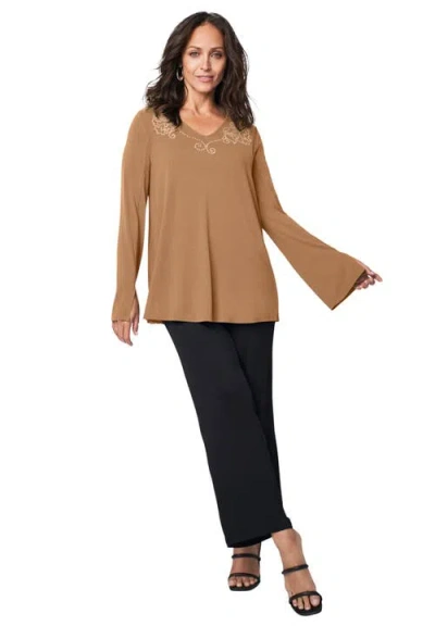 Jessica London V-neck Embellished Tunic In Brown