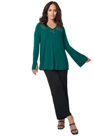 Jessica London V-neck Embellished Tunic In Green