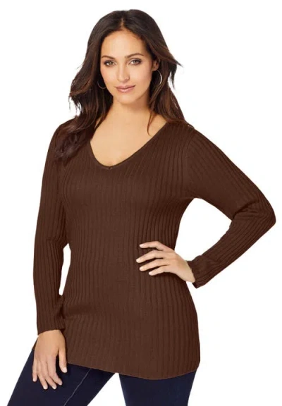 Jessica London V-neck Ribbed Sweater In Brown