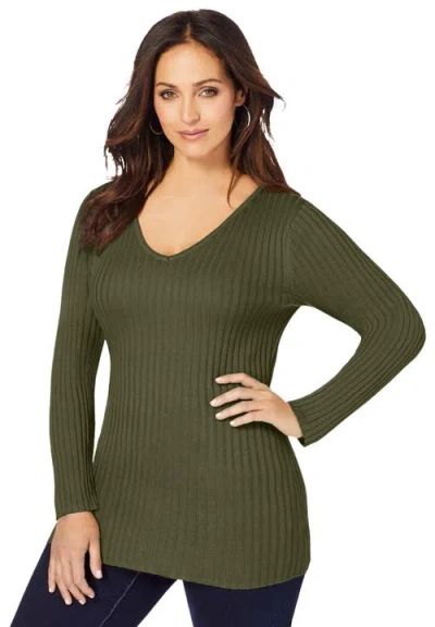 Jessica London V-neck Ribbed Sweater In Green
