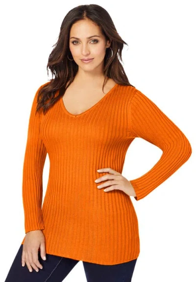 Jessica London V-neck Ribbed Sweater In Orange