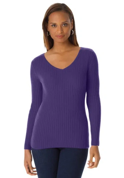 Jessica London V-neck Ribbed Sweater In Purple