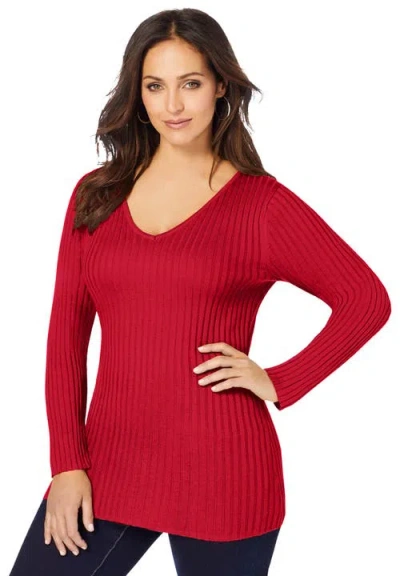 Jessica London V-neck Ribbed Sweater In Red