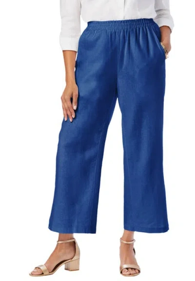 Jessica London Wide Leg Linen Crop Pant In Blue