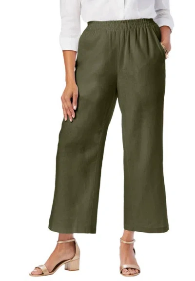 Jessica London Wide Leg Linen Crop Pant In Green