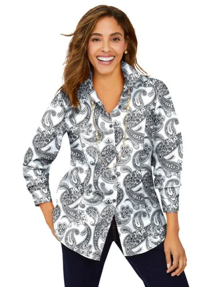 Jessica London Wrinkle-free Stretch Poplin Shirt In Gray