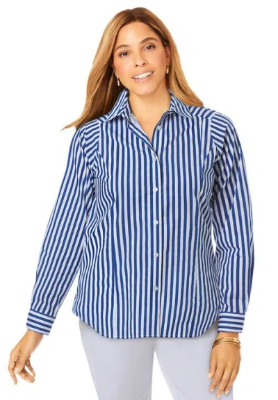 Jessica London Wrinkle-free Stretch Poplin Shirt In Blue