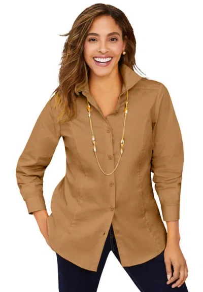 Jessica London Wrinkle-free Stretch Poplin Shirt In Brown