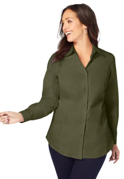 Jessica London Wrinkle-free Stretch Poplin Shirt In Green