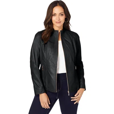 Jessica London Zip Front Leather Jacket In Black