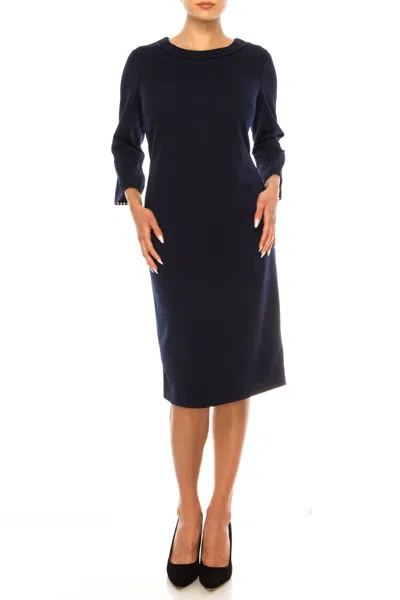 Jessica Rose Pompom Trim Bell Sleeve Sheath Dress In Navy In Blue