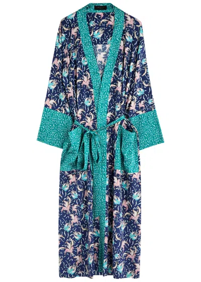 Jessica Russell Flint Pegasus Printed Stretch-silk Robe In Blue