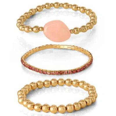 Jessica Simpson 3-piece Beaded Stretch Bracelet Set, Gemstone & Gold-tone Accents In Metallic