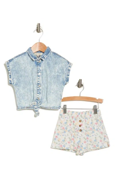 Jessica Simpson Babies' Acid Wash Button-up Shirt & Floral Skirt Set In Blue
