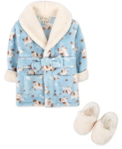 Jessica Simpson Baby Bath Robe With Sherpa Slippers, 2-piece Set In Blue