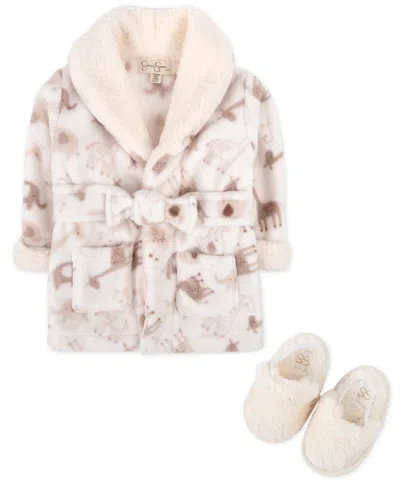 Jessica Simpson Baby Bath Robe With Sherpa Slippers, 2-piece Set In Taupe