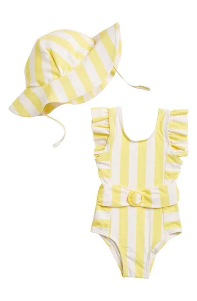 Jessica Simpson Babies' Belted One-piece Swimsuit With Hat In Yellow