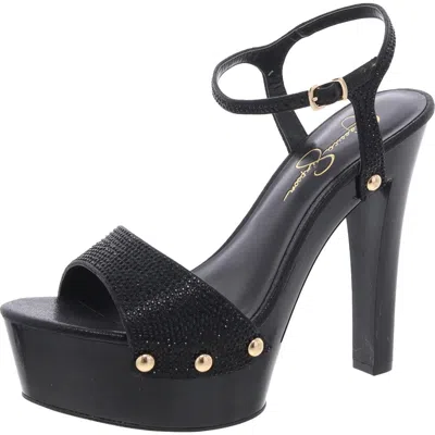 Jessica Simpson Calenta 2 Womens Rhinestone Faux Leather Platform Heels In Black Rhinestone