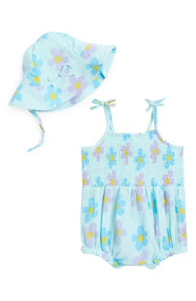 Jessica Simpson Babies'  Cotton Gauze Bubble Romper & Bucket Hat In Aqua